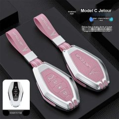 Pink and silver chery jetour x70 plus key cover with wristband, showcasing stylish design and compatibility for a sleek car k...