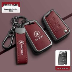 Red leather and gunmetal skoda key cover for octavia, rapid, superb - premium design with embossed logo and matching strap.
