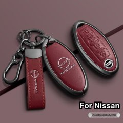 Elegant red leather key cover for nissan 14th-gen sylphy, featuring a sleek design with embossed branding and secure attachme...