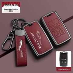 Red jaguar key cover with leather strap and gunmetal accents, featuring a sleek carbon fiber texture metal shell for the xfl ...
