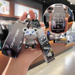 Hand holding a stylish key cover for bj40, bj80, x7, eu5+ with a cute bear charm and front view inset showcasing the design.