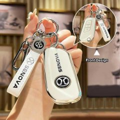 A hand holds a white senova key cover with a sleek design, featuring the brand logo and a matching keychain, highlighted in a...