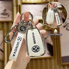 White beijing auto senbao d50 key cover with senova branding, featuring a sleek front design and matching keychain.