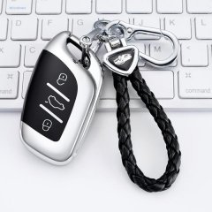 Rongwei i5 key cover 2020-2021: premium leather key fob case with sleek design and braided strap, displayed on a keyboard bac...