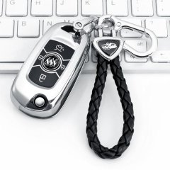 Stylish buick verano gl6 key cover for 2019+ models, featuring a sleek metallic design and braided leather keychain, displaye...
