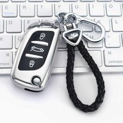 Ds master car key cover for peugeot, vw, wuling: sleek silver design with black buttons and braided leather keychain, display...