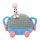 Adorable monster car headrest with a playful design, featuring a blue and yellow checkered pattern, pink feet, and a party ha...