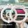 A hand holds a plush, cartoon bunny-themed steering wheel cover with soft ears and a tail, designed for warmth and antifreeze...