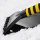 A close-up of a large car snowplow with a black and yellow striped handle, efficiently clearing fresh snow from a vehicles su...
