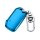 A sleek blue kia seltos key cover with a shiny metallic keychain, designed for women, featuring a slim silicone design for k5...