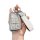 A hand holds a sleek, silver key cover for the buick enclave plus 2025, featuring a glittery finish and a white leather strap...