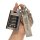 A hand holds a sleek, metallic cadillac srx/xts key cover with a wooden-textured keychain, showcasing its modern design and f...