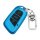Blue chery eq1 key cover with sleek leather design, featuring three buttons and a silver keychain for women.