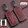 Red leather jaguar key cover with carbon fiber texture metal shell, featuring a gunmetal clip and button design, compatible w...
