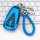 Blue leather key cover for changan cs75 plus, featuring a braided rope and durable design, displayed on a keyboard background...