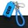 Blue mitsubishi key cover for outlander, eclipse cross & pajero, featuring a braided lanyard and secure carabiner clip.
