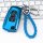 Blue dongfeng tianlong kx key cover with braided leather strap, featuring lock and unlock buttons, displayed on a keyboard ba...