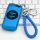 Blue chery tiggo 7 key cover with braided leather strap and silver carabiner, displayed on a keyboard for size reference.