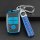 Blue leather key cover for kia sportage, k5, k2, seltos, and more, featuring a braided strap and secure carabiner hook.